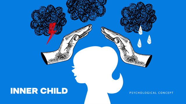Inner child psychology concept banner with hands protecting child silhouette from storm clouds and rain. Therapy collage poster template. Vector isolated illustration