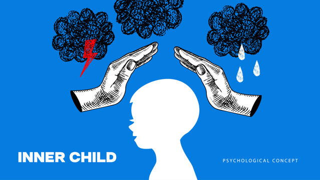 Inner child psychology concept banner with hands protecting child silhouette from storm clouds and rain. Therapy collage poster template. Vector isolated illustration
