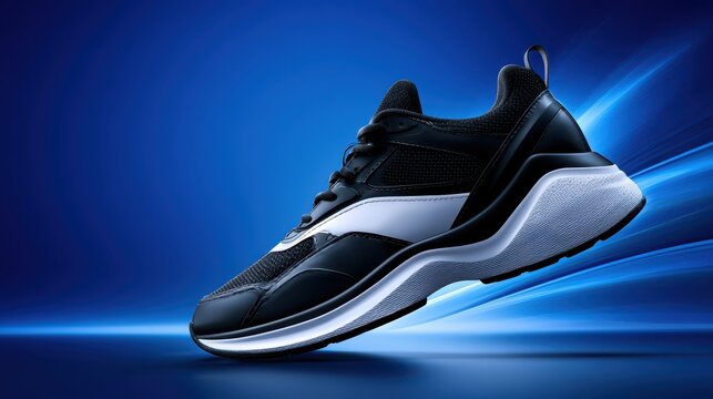 Premium black and white sports shoes floating on glossy blue background photo.