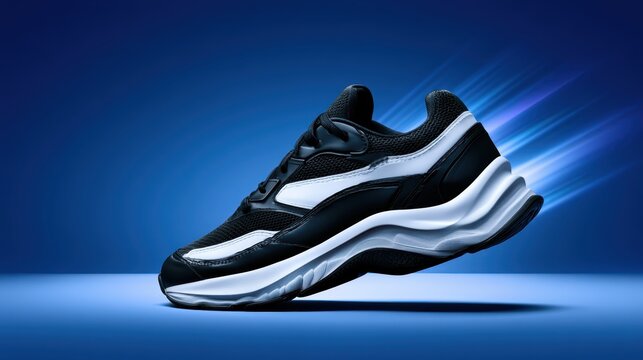 Premium black and white sports shoes floating on glossy blue background photo.
