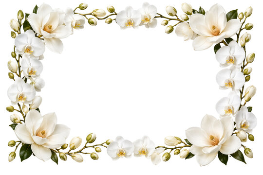 Elegant white orchid and magnolia floral frame with cream blossoms, green leaves and delicate buds forming a rectangular border for wedding invitations and luxury designs