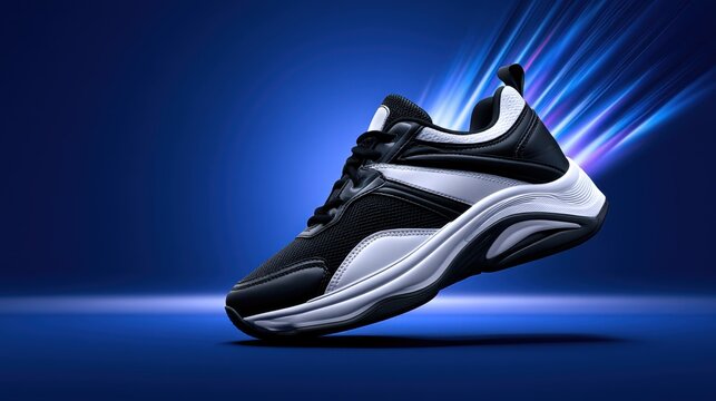 Premium black and white sports shoes floating on glossy blue background photo.
