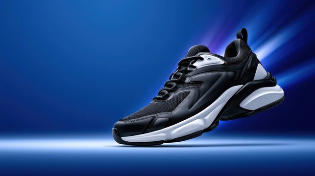 Premium black and white sports shoes floating on glossy blue background photo.