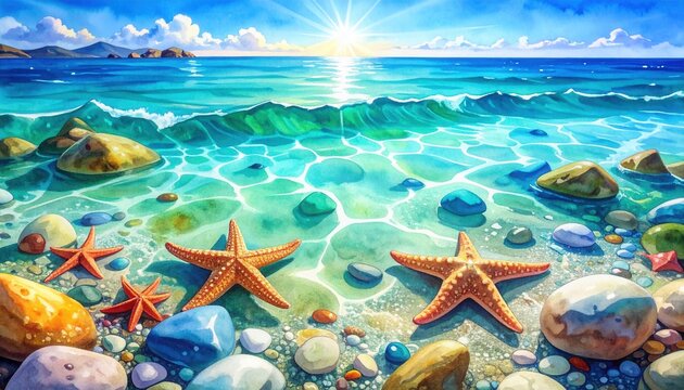 Watercolor illustration of a crystal-clear shallow coastal tide pool with brilliant sea stars and smooth pebbles beneath bright sun