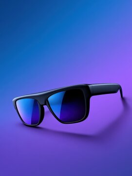 Black Sunglasses Isolated on Blue and Purple Background Photo.