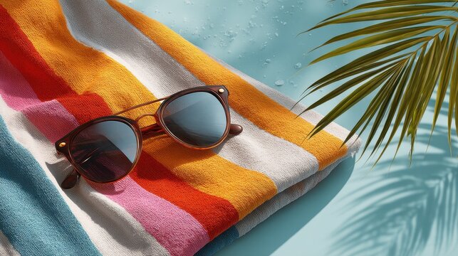 Summer Background with Sunglasses, Towel on Beach Photo.
