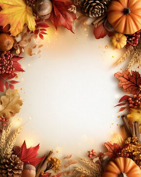 Happy Thanksgiving and Autumn Background with Pumpkin and Wheat Harvest Top View Photo.
