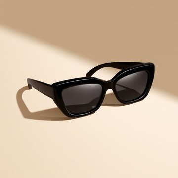 Black Sunglasses Isolated on Beige Background Photo.