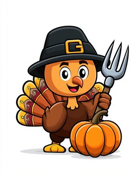 Thanksgiving cartoon turkey bird character in pilgrim hat and holding pitchfork with pumpkin illustration.