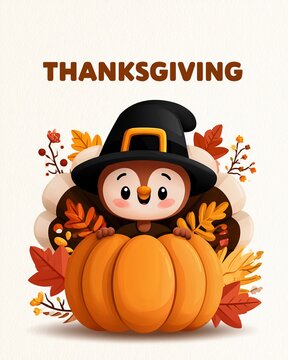 Happy Thanksgiving Festival Greeting Card Design with Turkey Holding Pumpkin Illustration.