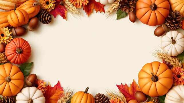 Happy Thanksgiving and Autumn Harvest Background and Copy Space Top View Photo.