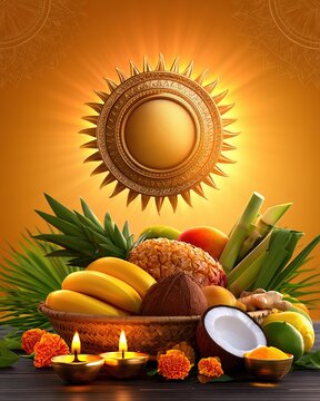 3D Illustration of Chhath Puja Fruits Arghya Offering to the Sun God for Bihar Festival .