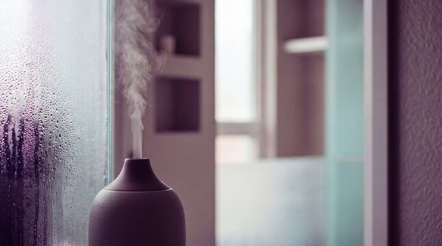 wellness atmosphere, close-up of dew-like condensation on a cool glass near a mist diffuser