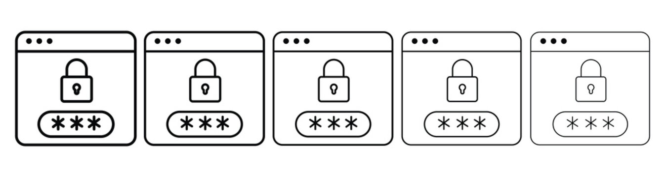Minimalist line vector icons of secure website browser windows with password and lock symbols.