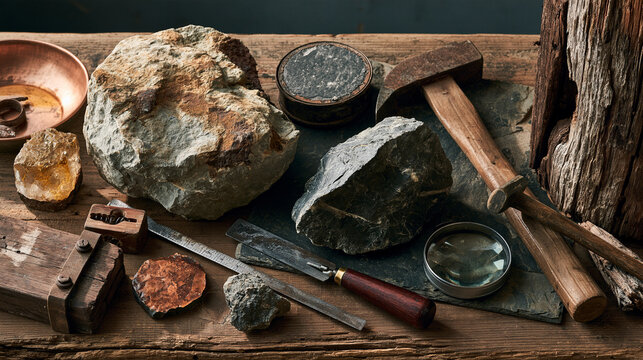 Geological tools and rock specimens arranged on a rustic wooden table for scientific study