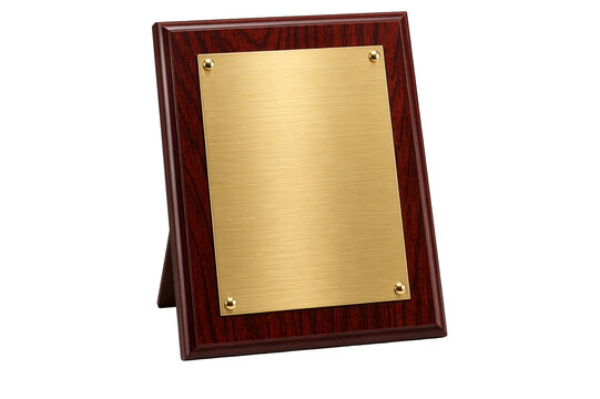 Blank wooden award plaque with brushed gold metal plate, decorative corner studs and polished dark brown frame for corporate recognition, achievement ceremonies and personalized engraving
