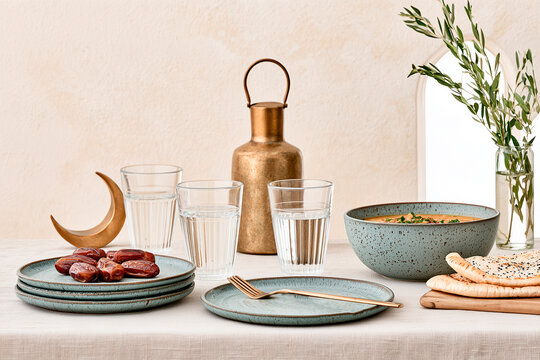 Elegant Ramadan Iftar Table with Dates and Traditional Middle Eastern Food