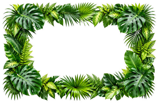 Tropical foliage frame with lush monstera leaves, palm fronds, ferns and variegated greenery, rectangular jungle border for botanical invitations and nature designs