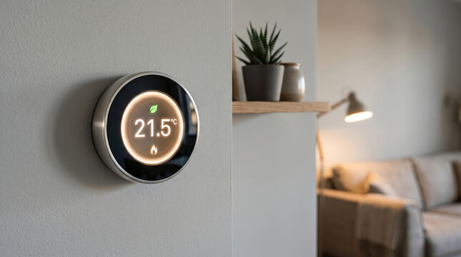 Modern smart home thermostat displaying 21.5 degrees celsius temperature on white wall for energy efficient climate control in minimalist living room interior