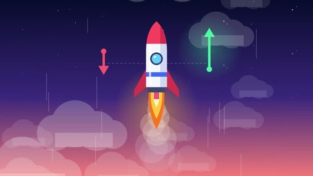Stylized rockets launching upward through a cloudy purple sky