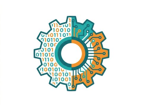 Digital gear icon with binary code and circuit board pattern