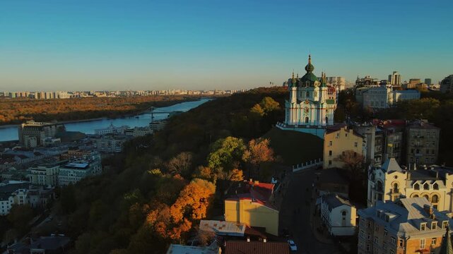 Saint Andrew Church on Andriyivskyy Descent overlooking Dnieper River in Kyiv