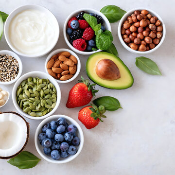 Assortment of healthy breakfast ingredients: yogurt, berries, avocado, nuts, seeds and coconut on light background. Top view, flat lay, copy space.