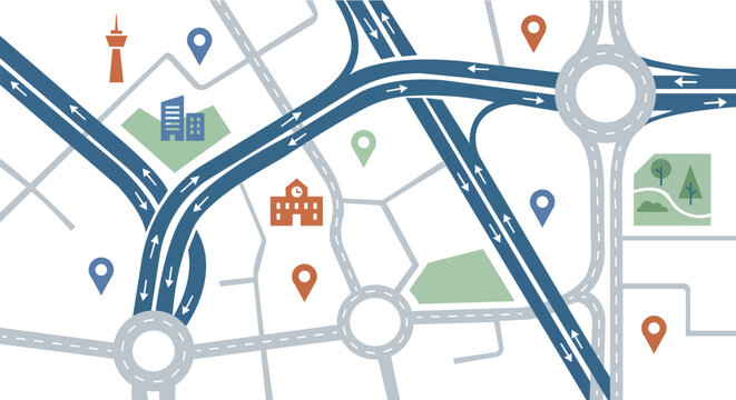 Abstract city map visualization featuring roads and navigation pin markers on white background location transport infographic directions wayfinding destination cartography