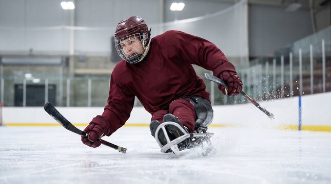 Adaptive Sledge Hockey Athlete Skating Fast During Competition