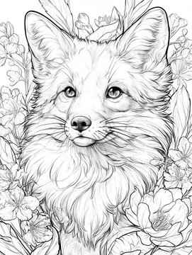 Detailed black and white coloring page featuring a cute red fox surrounded by blooming spring flowers and leaves hand drawn style  illustration for creative adult relaxation and kids art activities