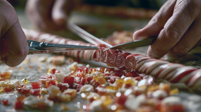 Close up of artisan hands cutting traditional striped red and white hard candy rolls with scissors on a workshop table surrounded by colorful sweet fragments during confectionery making process