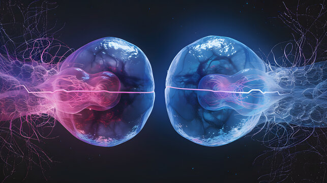 Glowing 3D illustration of meiosis, cell division, genetic variation, and chromosome formation.