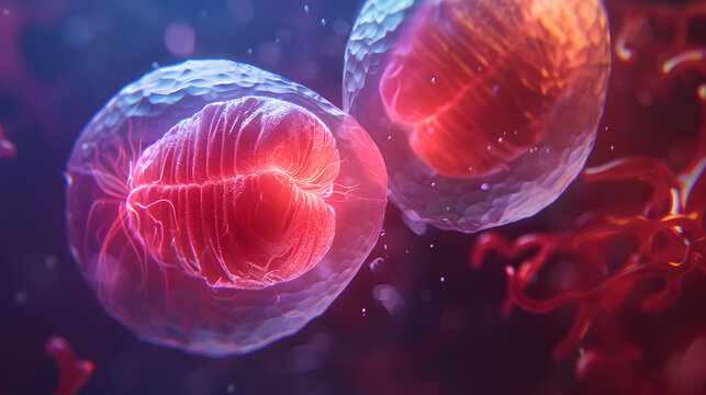3D illustration of meiosis showing cell division, chromosome separation, and genetic variation.