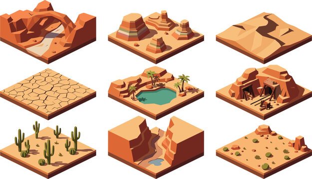 Isometric desert landscape vector tiles set with sand dunes canyon rock arch oasis cracked earth mine entrance and cactus plants