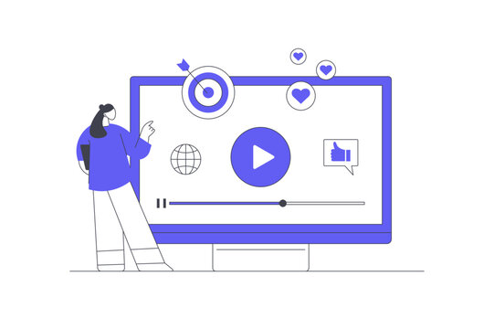 Content Creation Video Production and Social Media Streaming Strategy. Computer Screen Displaying Video Player Target Board and Engagement Icons.  Flat Cartoon Vector Illustration, icon Stylish web