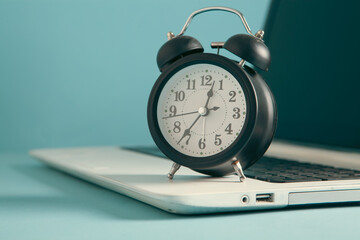 Fototapeta na wymiar Alarm clock and laptop on blue background. Time management concept.