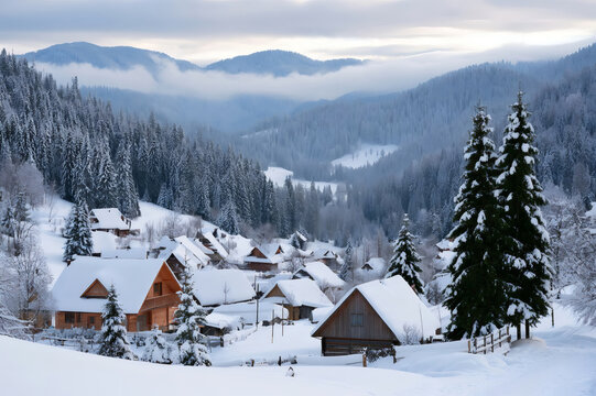 Picturesque winter village in the mountains with snowy wooden houses, fir trees, and misty hills under a cloudy sky.