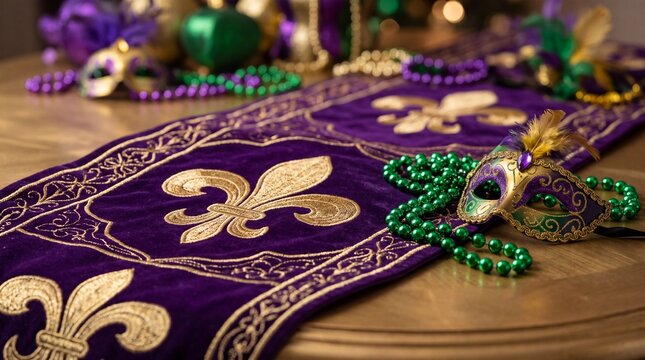 Carnival Tuesday Purple velvet table runner with gold fleur de lis embroidery and green beads on table with embroidery sits wooden beads masquerade mask celebration