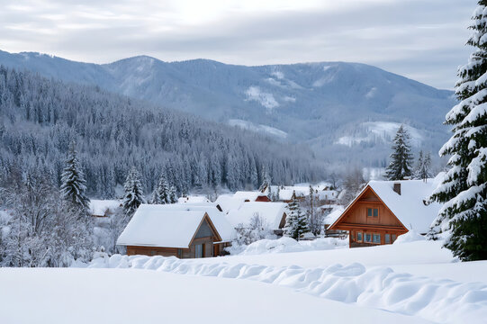 Cozy wooden cottages covered with fresh snow in a mountain village among pine trees under a cloudy winter sky. Peaceful winter landscape with snowy forest and hills.