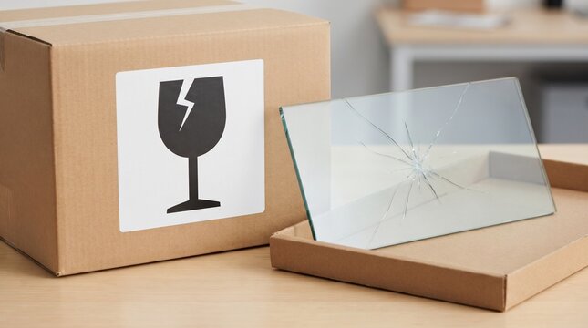 Fragile sticker with broken glass symbol on cardboard shipping box beside cracked glass panel, damaged glass sheet with visible impact fractures, fragile package handling and shipping damage preventio