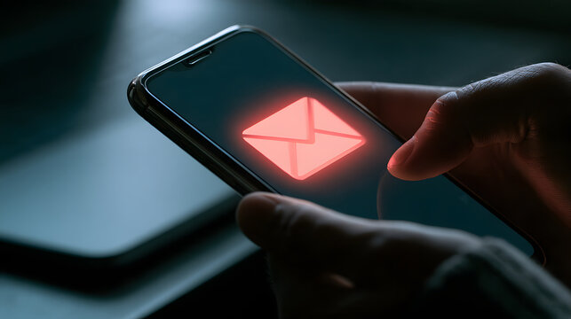 New Message Alert: A close-up shot of a person holding a smartphone, with a glowing red email icon displayed on the screen, indicating an incoming message. The dark.