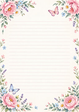 Elegant floral stationery with watercolor peonies, daisies, lavender, butterflies, and lined space for text. Perfect for invitations, letters, or notes.