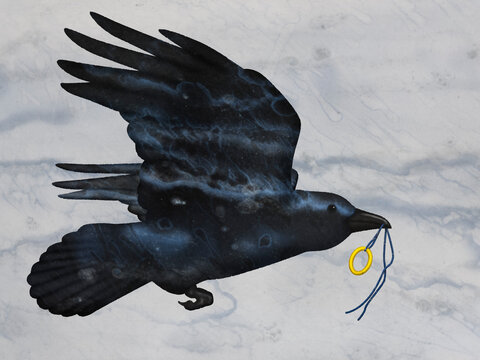 Digital collage of a black crow flying with a stolen gold ring