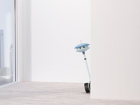Little robot peeping around corner