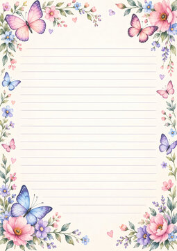 Elegant stationery template with watercolor butterflies and floral border. Perfect for invitations, letters, greeting cards, or scrapbooking projects.