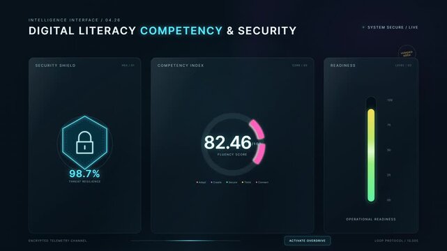 Futuristic Digital Literacy and Cyber Security Dashboard UI Animation. Live Data Monitoring Fluency Score and Threat Resilience on Dark Interface.