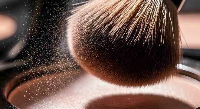 Close up of makeup brush with flying cosmetic powder particles