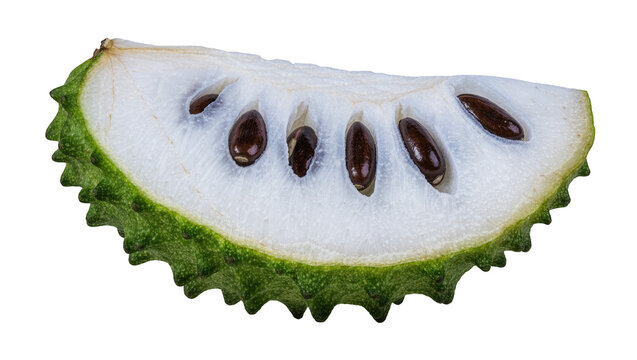 Fresh green soursop fruit slice with black seeds