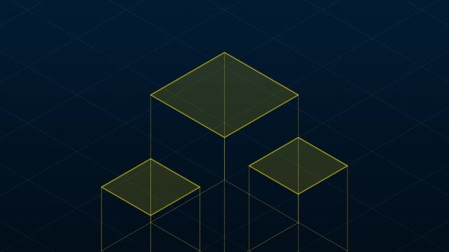 Abstract isometric wireframe cubes glowing in yellow lines moving dynamically on dark background