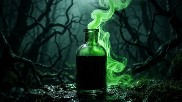 Green smoking potion bottle in spooky dead forest. Witch magic elixir rising vapor. Halloween horror and dark fantasy concept. Day of the dead party decoration.